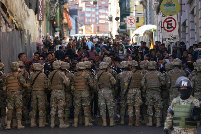 Military police block entry to Plaza Murillo in La Paz, Bolivia