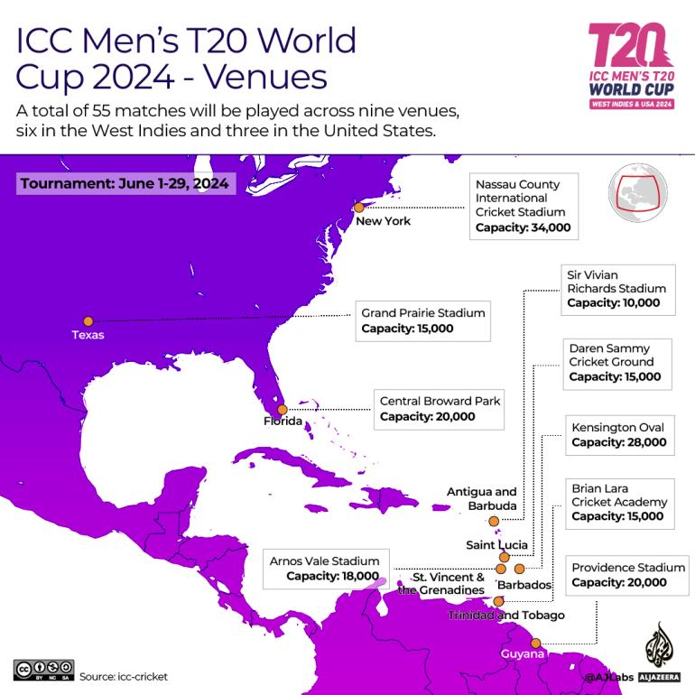 Men's T20 World Cup stadiums venues map