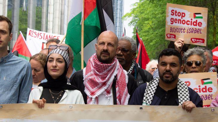 Marc Botenga, third from left, of Belgium’s leftist Workers’ Party and an EU lawmaker, takes part in a pro-Palestine protest in Belgium [Courtesy of Workers’ Party]