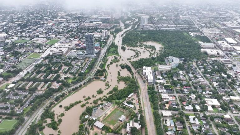 A view of flooded areas in Houston, Texas, after Hurricane Beryl